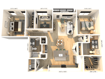 A 3D floor plan of a house showing the layout of the rooms.