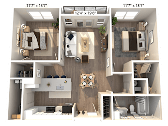 A 3D floor plan of an apartment with two bedrooms, a living room, a kitchen, and a bathroom