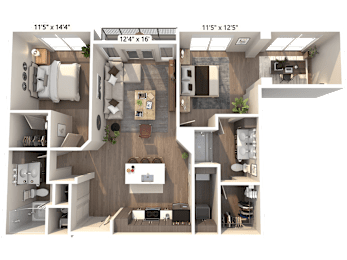 A 3D floor plan of an apartment showing the layout of the rooms