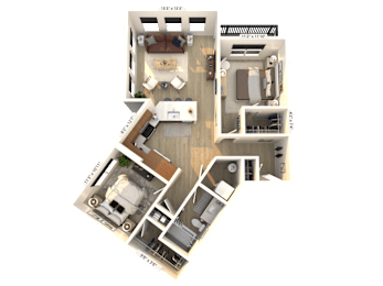 A 3D floor plan of a house with labeled rooms.