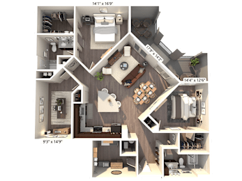 A 3D floor plan of a house with a living room, kitchen, and two bedrooms