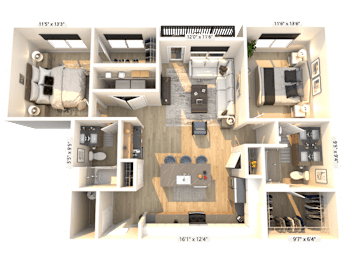 A 3D floor plan of a house with dimensions and room layout.