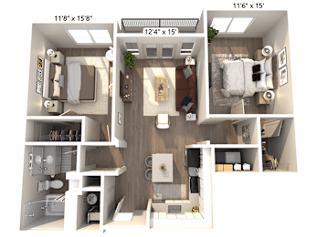 A 3D floor plan of an apartment with two bedrooms and a living area