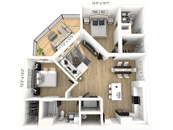 A 3D floor plan of a two-bedroom apartment with dimensions