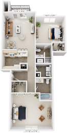 Two bedroom two bathroom style II 3D floor plan at Black Sand Apartment Homes, Nebraska