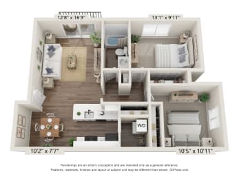 2-Bed/1-Bath, Daffodil Floorplan at Bristol Square at Bristol Square and Golden Gate Apartments, Wixom