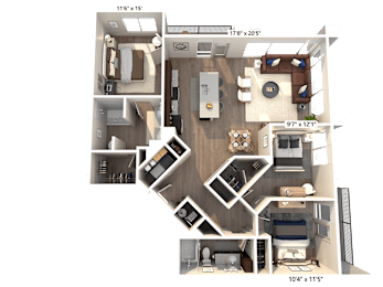 A 3D floor plan of an apartment with dimensions and room labels