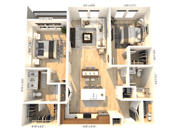 A 3D floor plan of a house with dimensions and room labels.