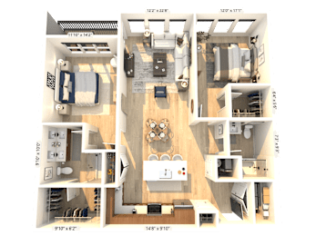 A 3D floor plan of a house with dimensions and room layout.