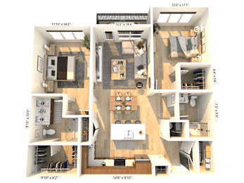 A 3D floor plan of an apartment with dimensions and room labels.