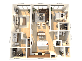 A 3D floor plan of a small apartment with a living room, kitchen, and two bedrooms.