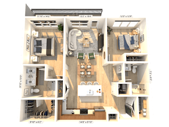 A 3D floor plan of a house with a living room, kitchen, dining room, and two bedrooms.