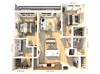 A 3D floor plan of a house with labeled dimensions.