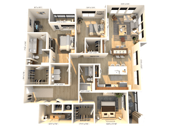 A 3D floor plan of a house with labeled rooms and dimensions.