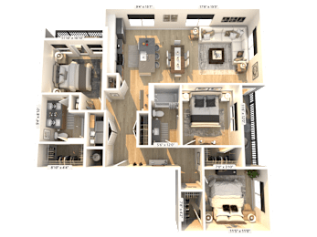 A 3D floor plan of a house with labeled rooms and dimensions.