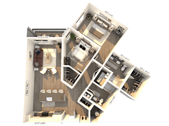 A 3D floor plan of a house with a kitchen, living room, and two bedrooms.