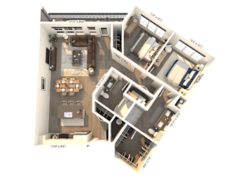 A 3D floor plan of a house with a living room, kitchen, and two bedrooms.