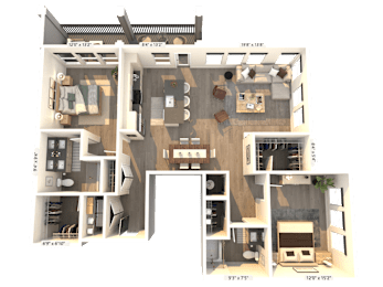 A 3D floor plan of a house with labeled rooms and dimensions.
