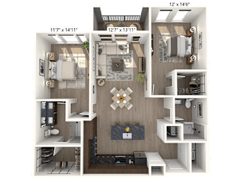 A 3D floor plan of a small apartment with a living room, kitchen, and bedroom