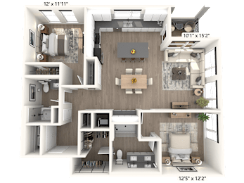 A 3D floor plan of an apartment with a living room, kitchen, and two bedrooms