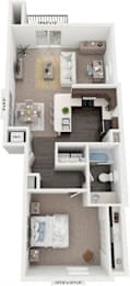 A 3D one bedroom end floor plan at Chase Creek Apartment Homes in Huntsville, AL