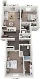 Two Bedroom Two Bathroom 3D floor plan at Chase Creek Apartment Homes in Huntsville, AL