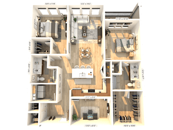 A 3D floor plan of a house with a living room, kitchen, and two bedrooms.