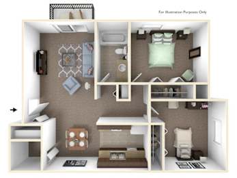 A 3D floor plan of a small apartment with a kitchen, living room, and bedroom.