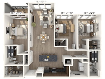 A 3D floor plan of a house with dimensions and various rooms labeled