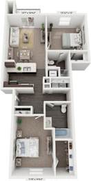 A two bedroom two bathroom 3D floor plan at Dodson Pointe Apartment Homes in Rogers, Arkansas