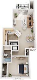 One Bedroom One Bath 3D Floor plan | 716-774 Sq. Ft. at Dupont Lakes Apartments, Fort Wayne, IN