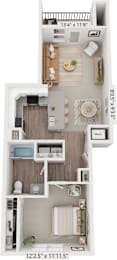 One bedroom 3D floor plan at Eagle Ridge Apartment Homes, Traverse City, MI 49685