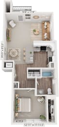 One bedroom end 3D floor plan at Eagle Ridge Apartment Homes, Traverse City, MI