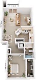 One Bedroom One Bath End Floorplan | 811-851 Sq. Ft. at Fieldstream Apartment Homes, Ankeny, IA, 50023