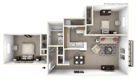 2-Bed/1-Bath, Gardenia Floor Plan at The Harbours Apartments, Clinton Twp