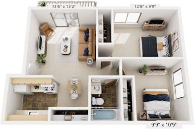 Two Bedroom One Bath 3D Floor plan at Glen Oaks Apartments, Michigan, 49442