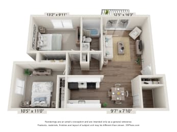 2-Bed/1-Bath, Dahlia Floorplan at Golden Gate at Bristol Square and Golden Gate Apartments, Wixom, MI
