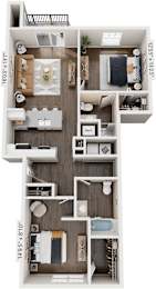 2 Bedroom 3D Floor Plan at The Grove Apartment Homes, Nebraska