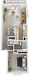 One Bedroom 3D Floor Plan at Hampton Lakes Apartments, Michigan, 49534