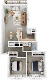 Two Bedroom One Bath 3D Floorplan at Hampton Lakes Apartments, Walker