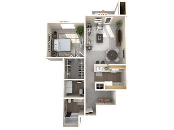 A 3D floor plan of a house with a kitchen, living room, and bedrooms.