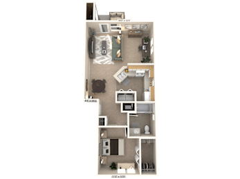 A floor plan of a two-bedroom apartment with a living room, kitchen, and bathroom.