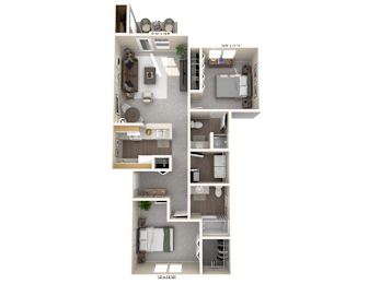 A floor plan of a two-bedroom apartment with a living room, kitchen, and bathroom.