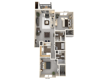 A 3D floor plan of an apartment with a living room, kitchen, dining room, and bedrooms.