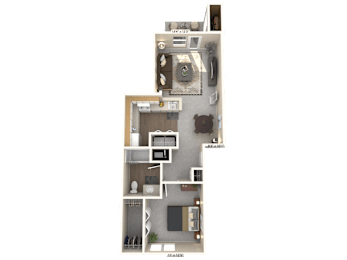 A 3D floor plan of a house with a kitchen, living room, and bathroom.