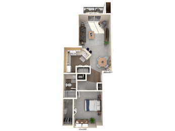 A floor plan of a two-story apartment with a living room, kitchen, and bedrooms.