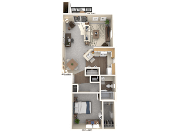 A floor plan of a two-story apartment with a living room, kitchen, and bedrooms.