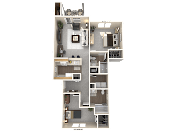 A 3D floor plan of an apartment with dimensions and room labels.