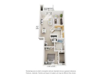 One Bedroom - Glen Floor Plan at Heatherwood Apartments, Grand Blanc, Michigan