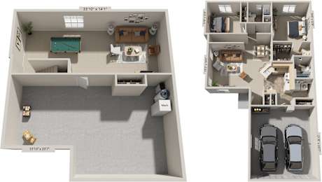 Two bedroom two bath ranch 3D floor plan at Foxwood and The Hermitage, Portage, 49024